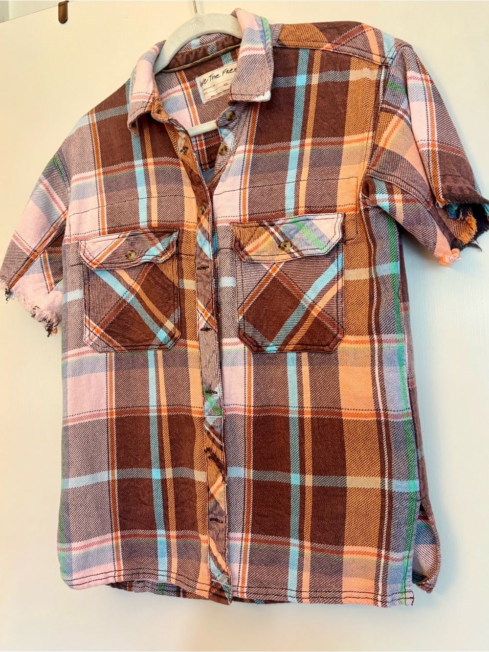 We The Free Brown Plaid Shirt with Orange & Blue Accents